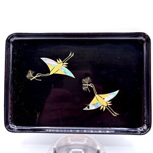 Zohiko Black Lacquer Tray Gold Crane Japanese Mother of Pearl Inlay 6.75x4.5